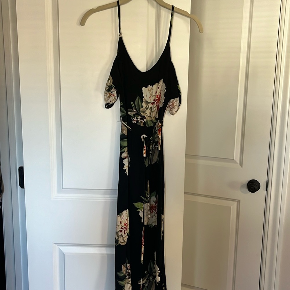 Topshop black floral dress with cold shoulder, tie around waist, and slits